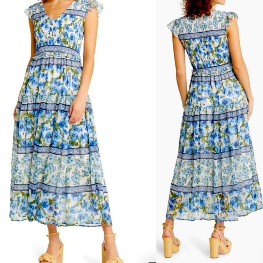 Moon River Floral Smocked Maxi Dress, Blue Multi, size XS NWT